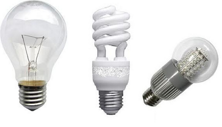 Typical incandescent, CFL and LED bulbs (as they appear from left to right)