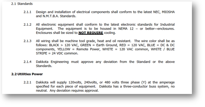 Section of an electrical specification document